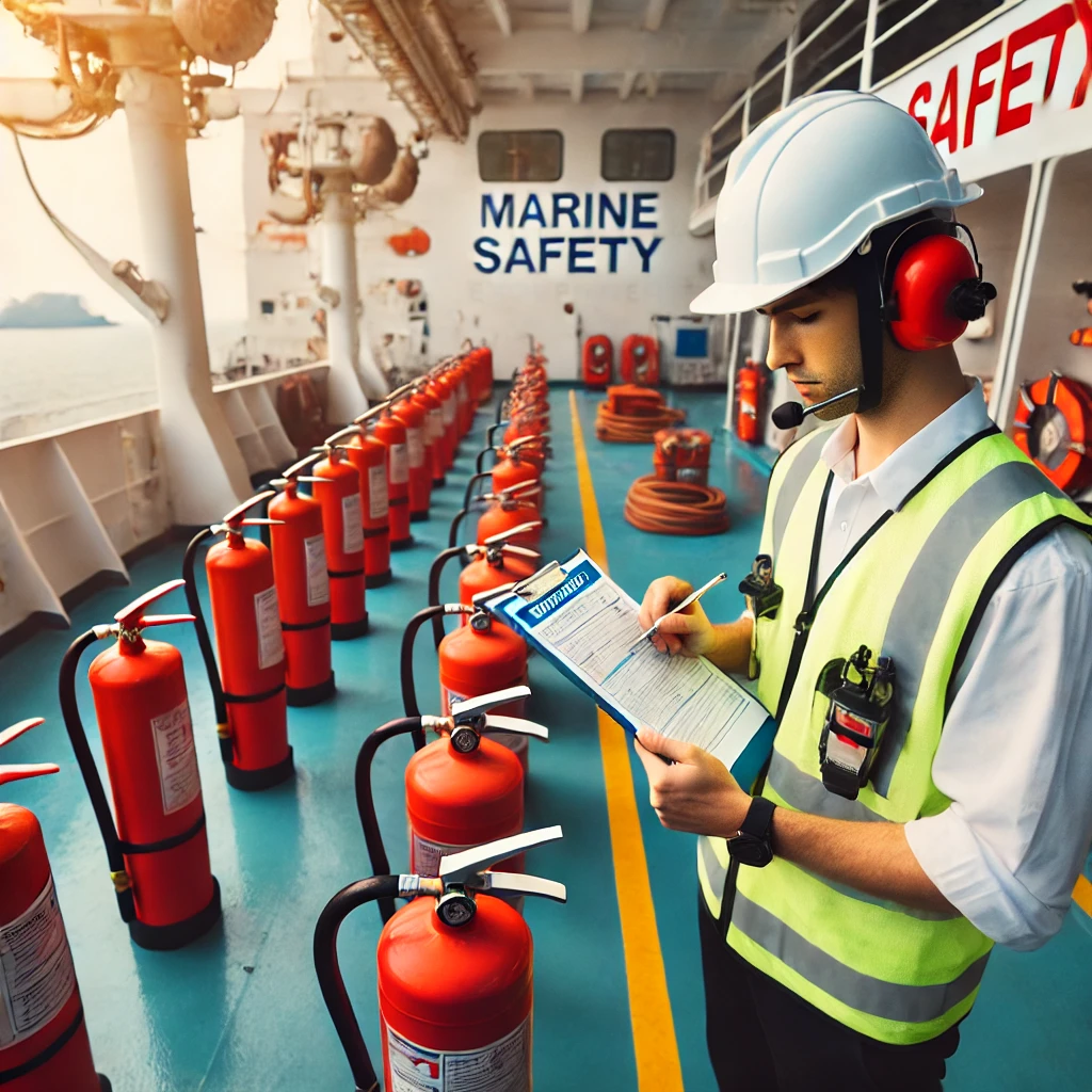 DALL·E-2025-02-03-14.18.57-A-marine-safety-engineer-inspecting-firefighting-equipment-on-a-ships-deck.-The-scene-includes-red-fire-extinguishers-CO2-suppression-systems-and-f
