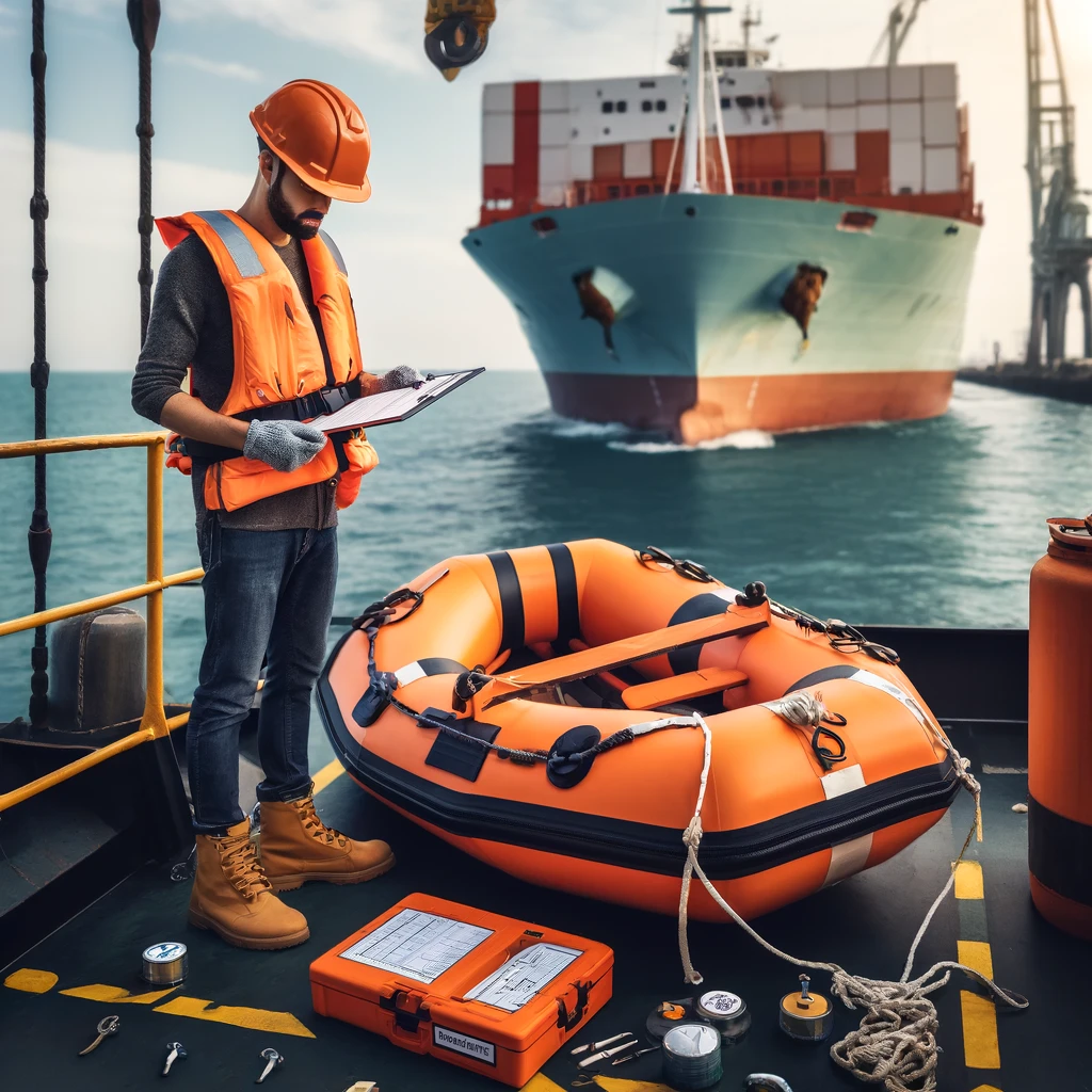 DALL·E-2025-02-03-14.19.13-A-professional-marine-safety-engineer-inspecting-a-bright-orange-lifeboat-and-life-raft-on-the-deck-of-a-cargo-vessel.-The-scene-includes-safety-harne