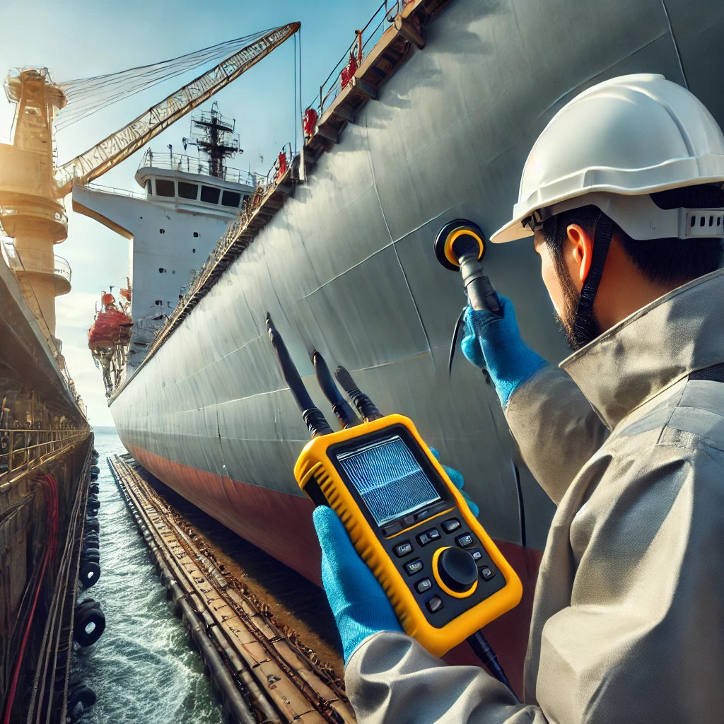 DALL·E-2025-02-03-14.19.18-A-marine-engineer-conducting-hull-and-structural-integrity-testing-on-a-ships-deck.-The-engineer-is-using-an-ultrasonic-thickness-gauge-to-check-meta