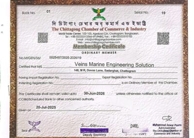 Membership Certificate of Veins Marine Engineering Solution (VMES) from Chittagong Chamber of Commerce & Industry (CCCI), Bangladesh, recognizing the company as a registered business in Chittagong.