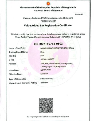 Business Identification Number (BIN) Certificate of Veins Marine Engineering Solution (VMES), officially registered in Bangladesh for marine engineering and ship repair services.