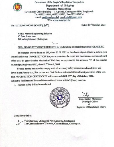 MMD Grade B Approval Certificate of Veins Marine Engineering Solution (VMES), officially recognized by the Mercantile Marine Department, Chittagong, for professional ship repair and marine engineering services.