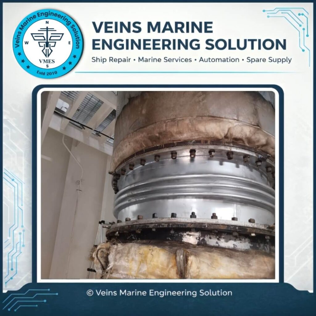 Completed EGCS expansion joint bellows replacement onboard MV SOTIRIA at Chattogram Outer Anchorage — new Duplex SS 2205 bellows fully installed and signed off by Chief Engineer by VMES