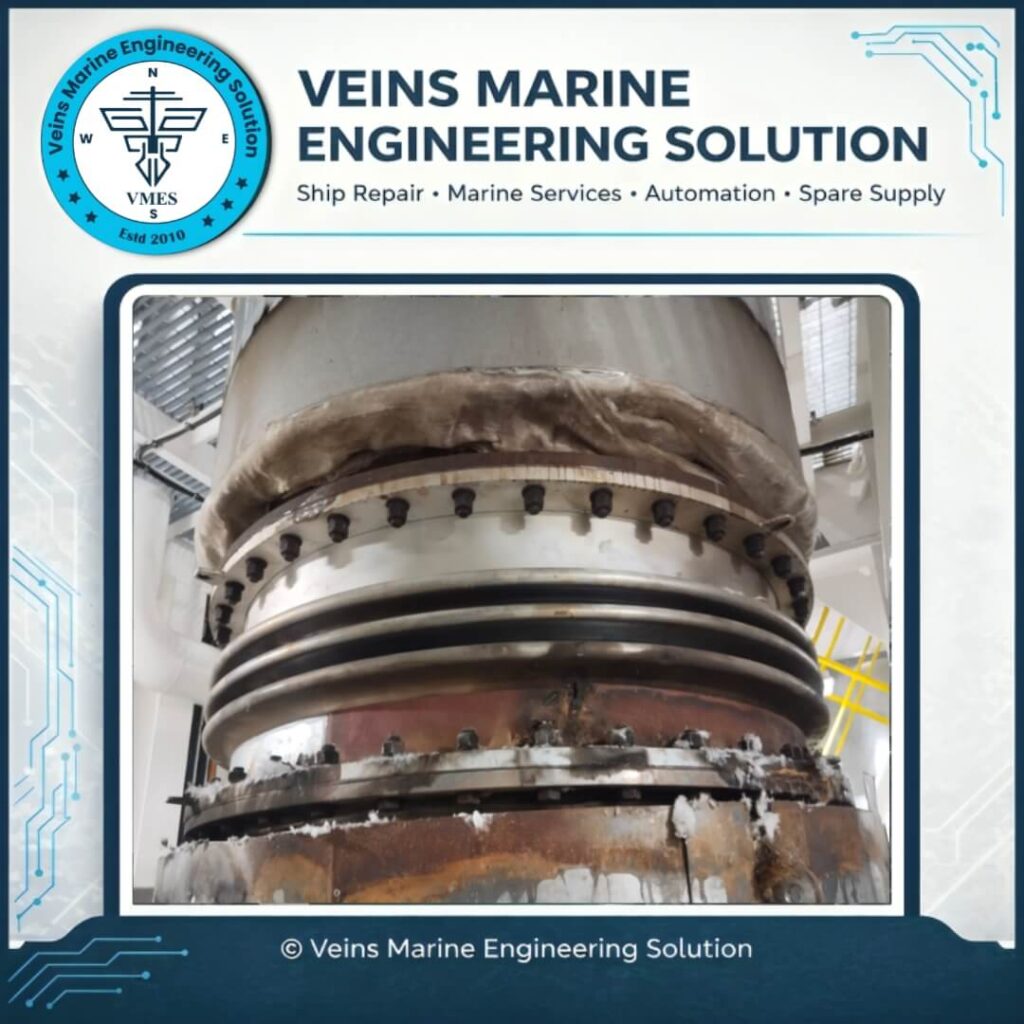 Deteriorated EGCS expansion joint bellows with damaged lagging onboard MV SOTIRIA at Chattogram Anchorage prior to replacement by VMES