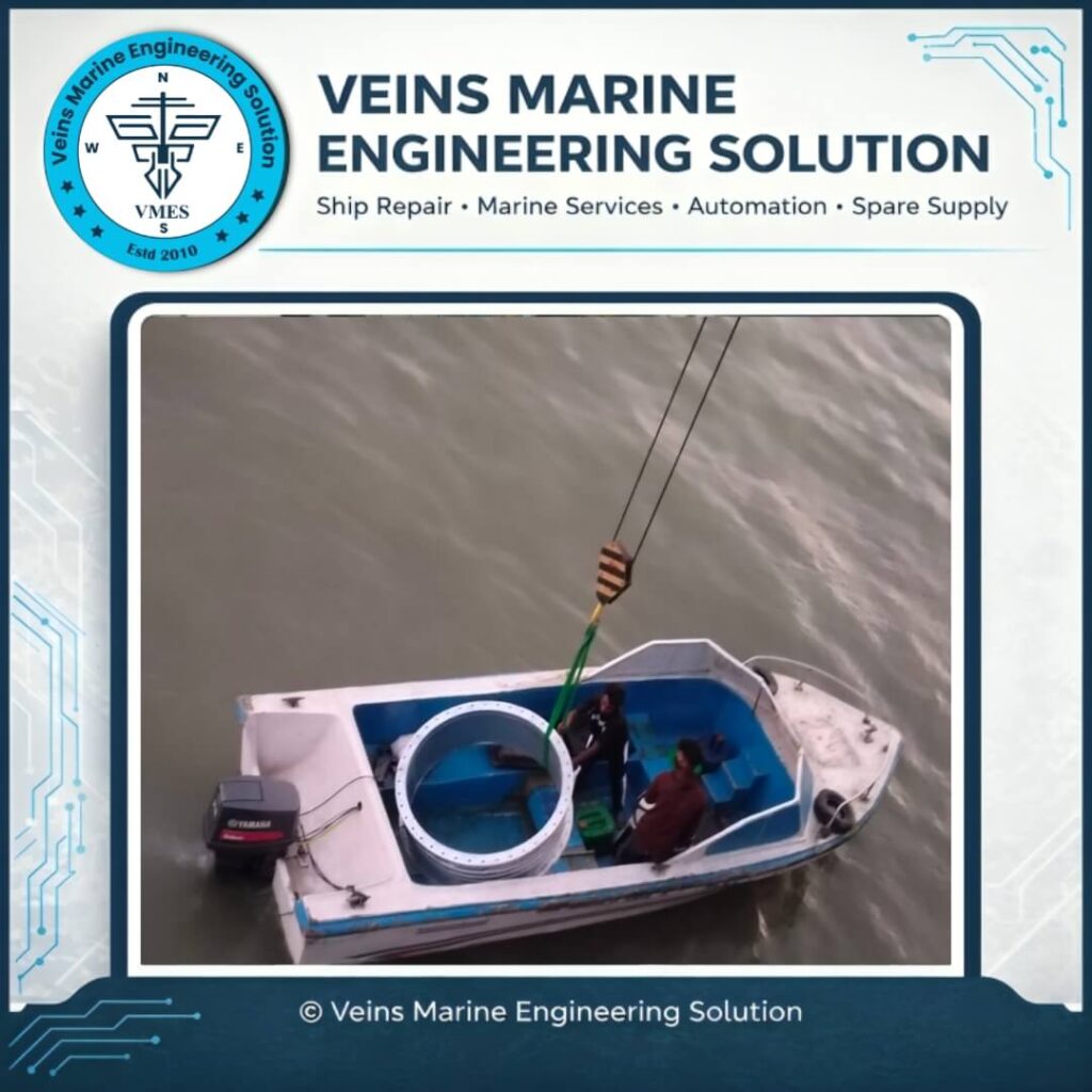 Custom-fabricated EGCS expansion joint bellows being transported by workboat to MV SOTIRIA at Chattogram Outer Anchorage for installation by VMES