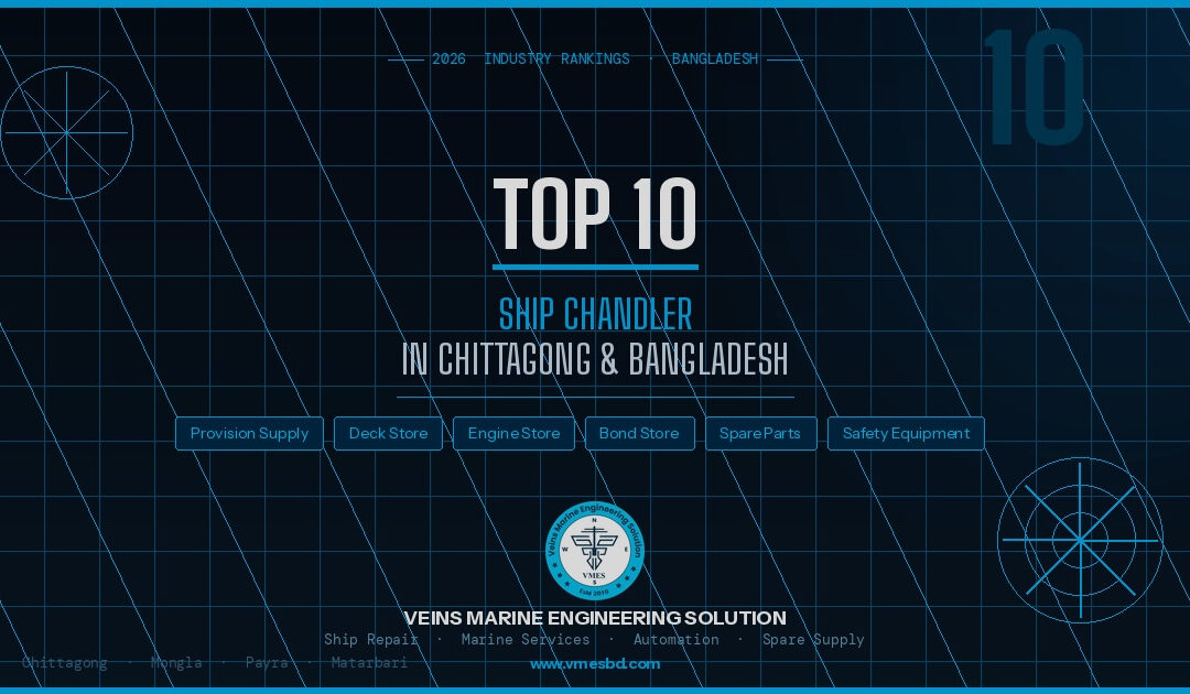 Top 10 ship chandler in Chittagong and Bangladesh 2026 industry rankings banner by Veins Marine Engineering Solution VMES covering provision supply deck store engine store bond store spare parts and safety equipment