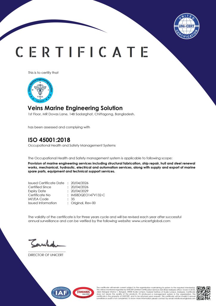 ISO 45001:2018 certificate of Veins Marine Engineering Solution for occupational health and safety in marine engineering, ship repair and technical services in Bangladesh
