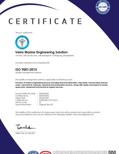 ISO 9001:2015 certificate of Veins Marine Engineering Solution for quality management in marine engineering, structural fabrication, ship repair and marine spare parts supply in Bangladesh