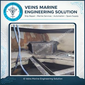 Internal steel containment box with cementing arrangement inside MV Vosco Prosper bulbous bow during temporary collision repair